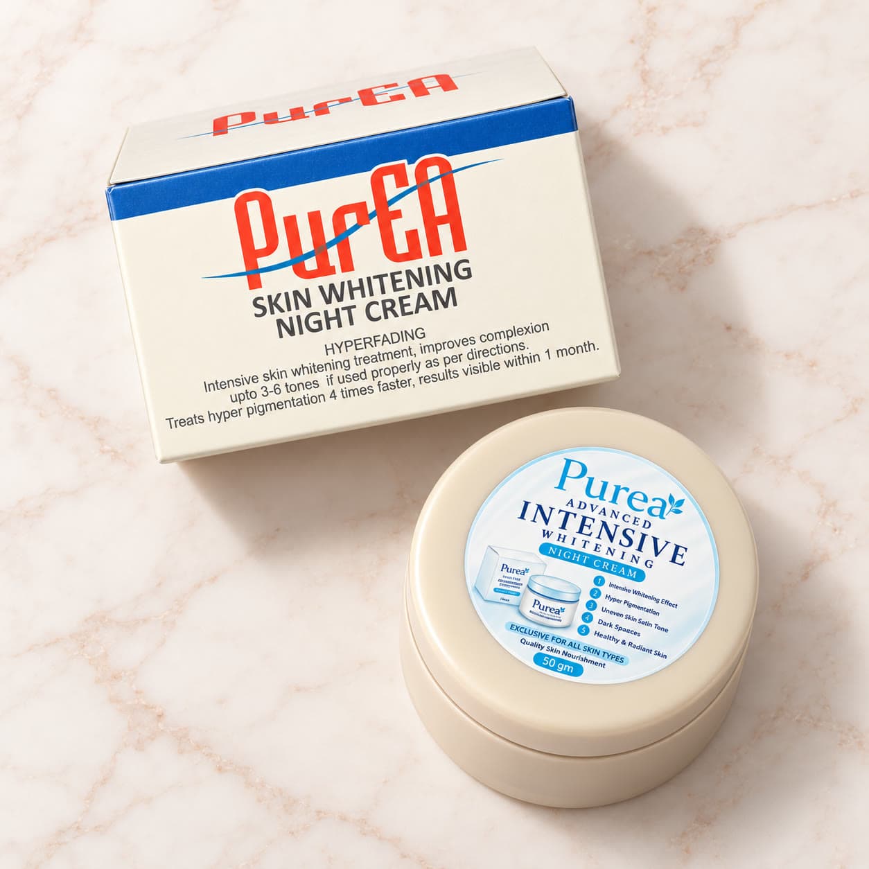PurEA advance face night cream with its box on pink marble